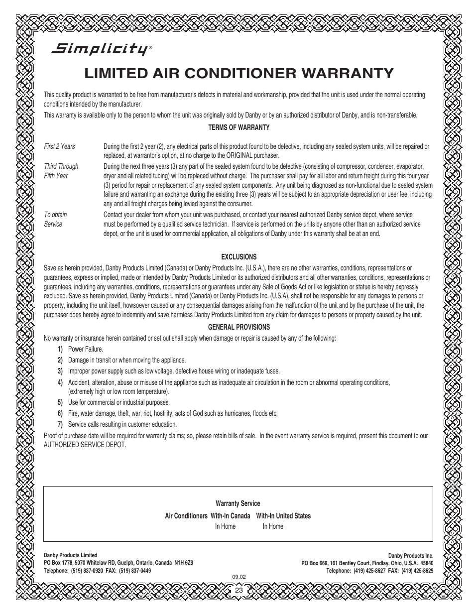 Limited air conditioner warranty | Danby SPAC8499 User Manual | Page 47 / 71