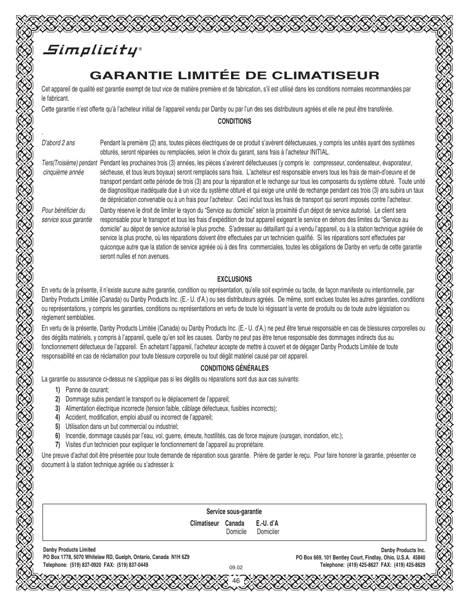 Garantie limitée de climatiseur | Danby SPAC8499 User Manual | Page 49 / 71