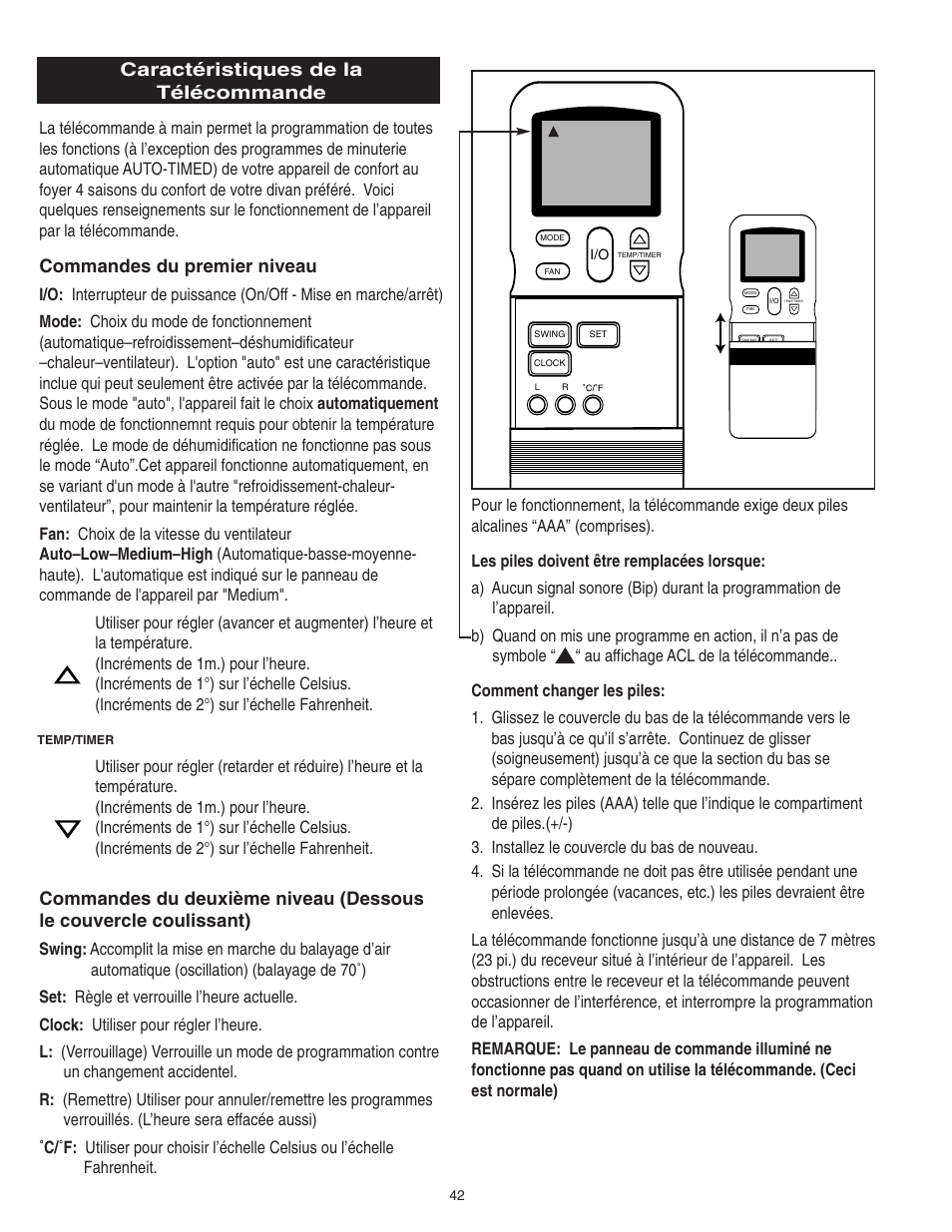 Caractéristiques de la télécommande, Commandes du premier niveau | Danby SPAC8499 User Manual | Page 56 / 71