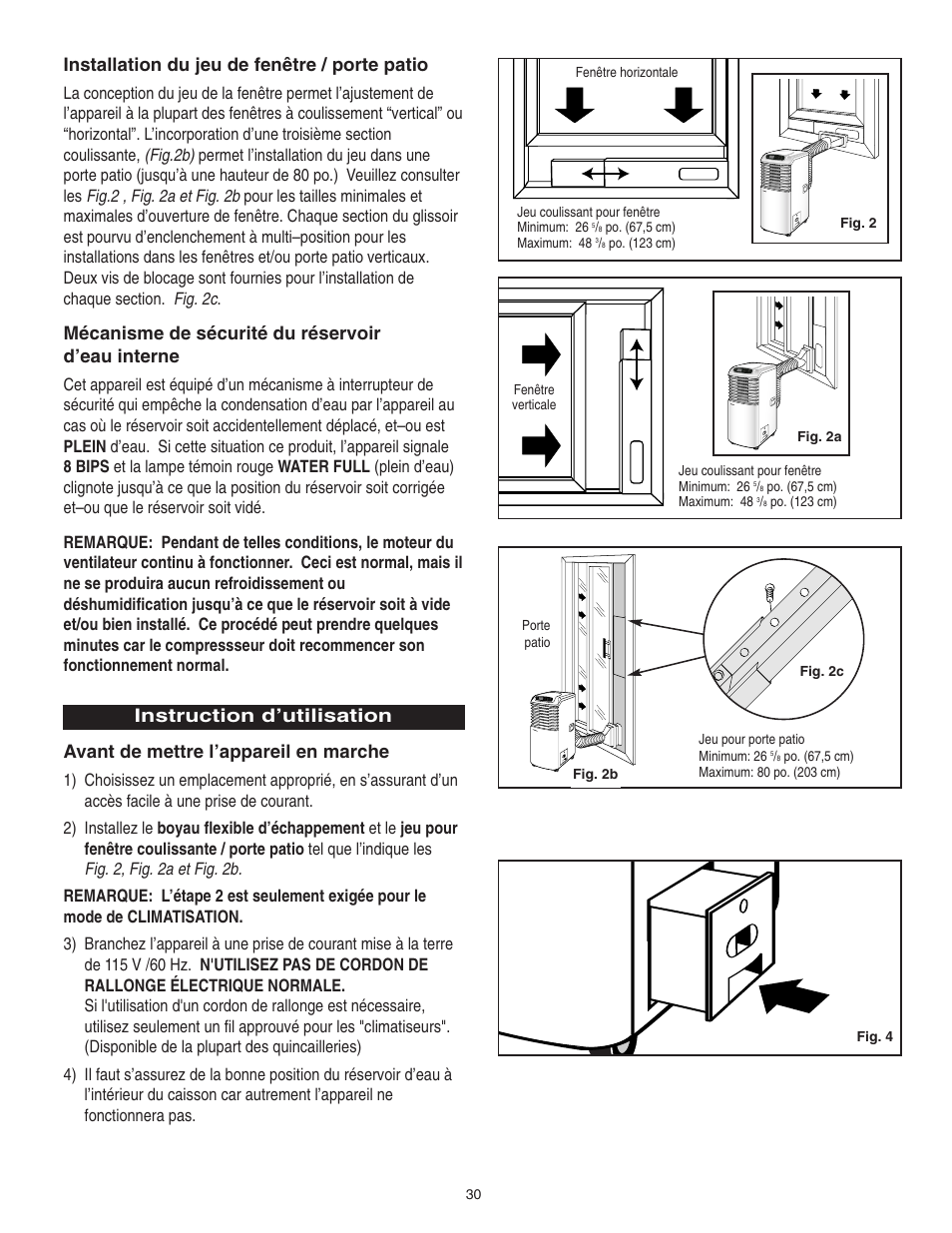 Installation du jeu de fenêtre / porte patio, Mécanisme de sécurité du réservoir d’eau interne | Danby SPAC8499 User Manual | Page 62 / 71