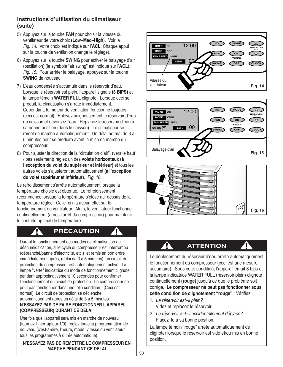 Instructions d’utilisation du climatiseur (suite), Précaution, Attention | Danby SPAC8499 User Manual | Page 69 / 71