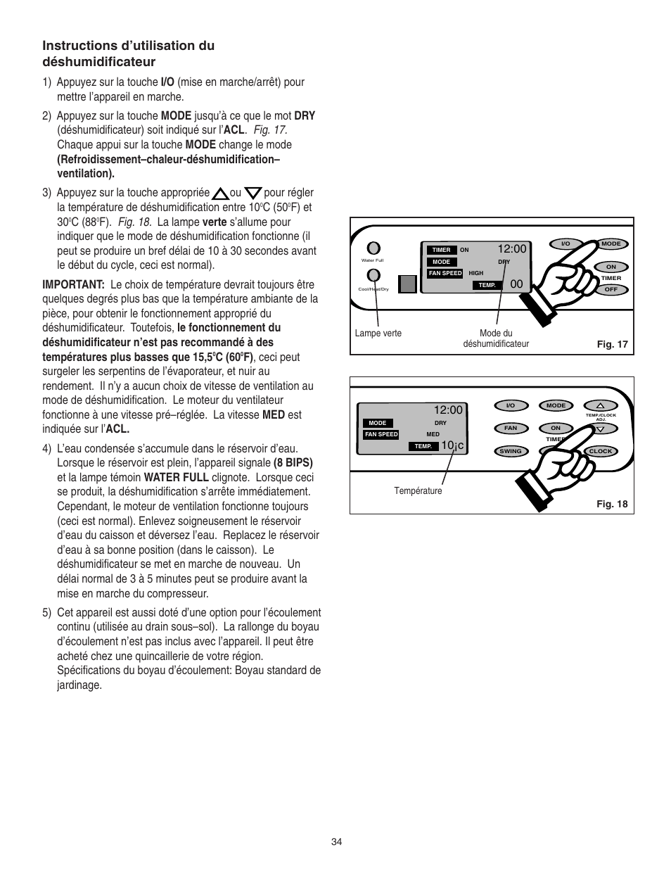 Instructions d’utilisation du déshumidificateur, C (50, F) et 30 | C (88, C (60, 10¡c | Danby SPAC8499 User Manual | Page 70 / 71