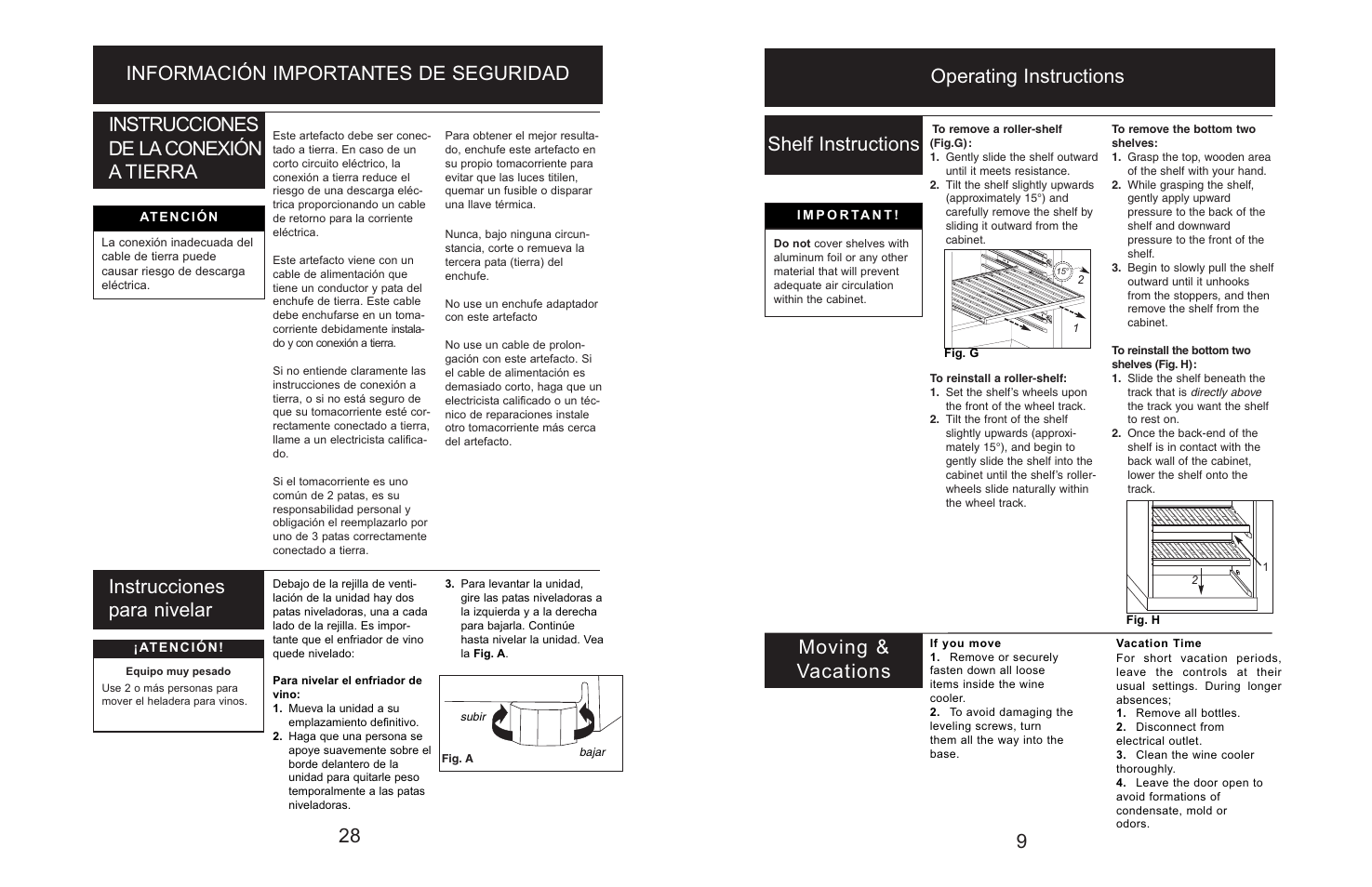 Operating instructions, Shelf instructions, Instrucciones para nivelar | Moving & vacations | Danby Silhouette DWC166BLSRH User Manual | Page 11 / 20
