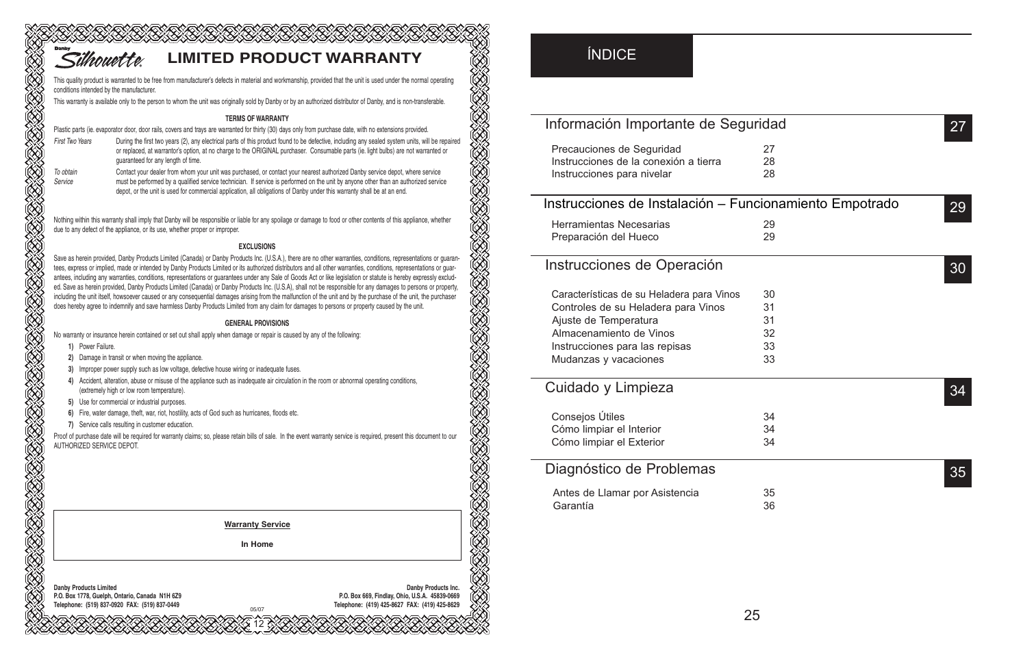 Limited product warranty, Información importante de seguridad, Instrucciones de operación | Cuidado y limpieza, Diagnóstico de problemas | Danby Silhouette DWC166BLSRH User Manual | Page 14 / 20