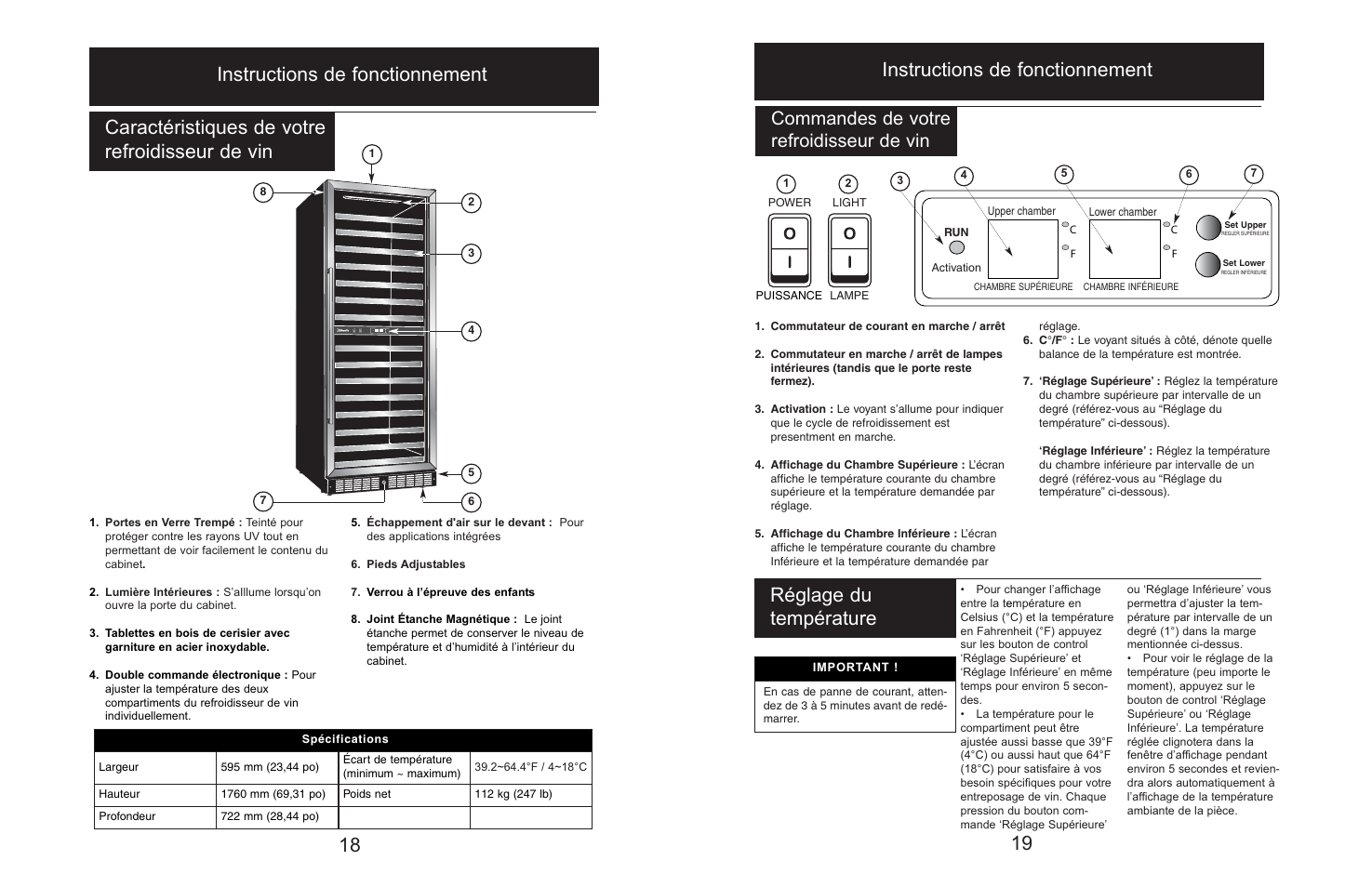 Instructions de fonctionnement, 19 réglage du température, Commandes de votre refroidisseur de vin | Danby Silhouette DWC166BLSRH User Manual | Page 20 / 20