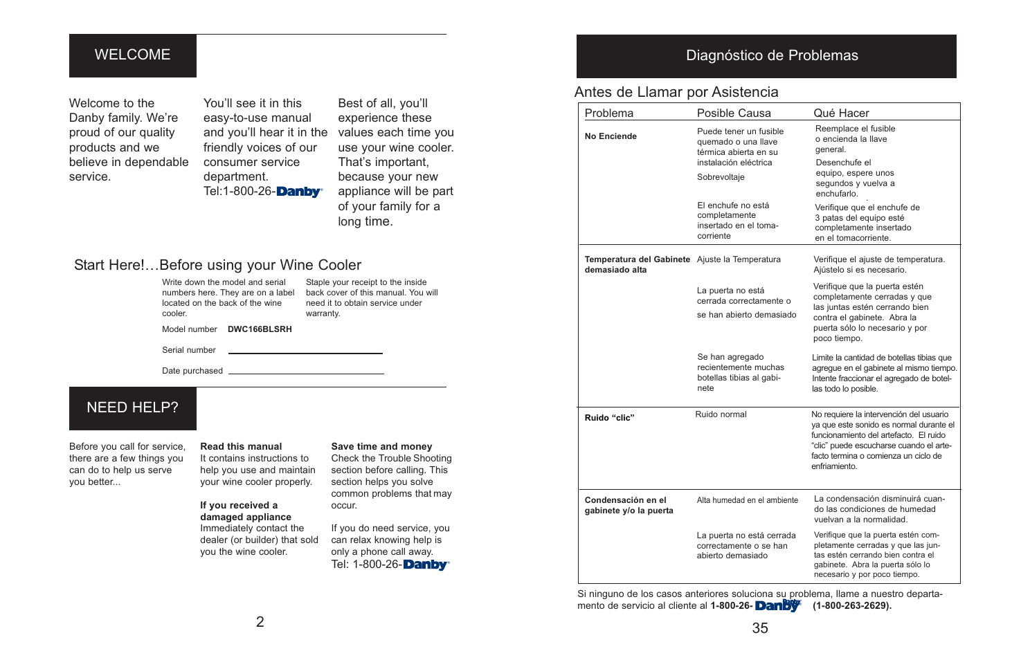 2welcome need help, Start here!…before using your wine cooler, Antes de llamar por asistencia | 35 diagnóstico de problemas, Time, Problema posible causa qué hacer | Danby Silhouette DWC166BLSRH User Manual | Page 4 / 20