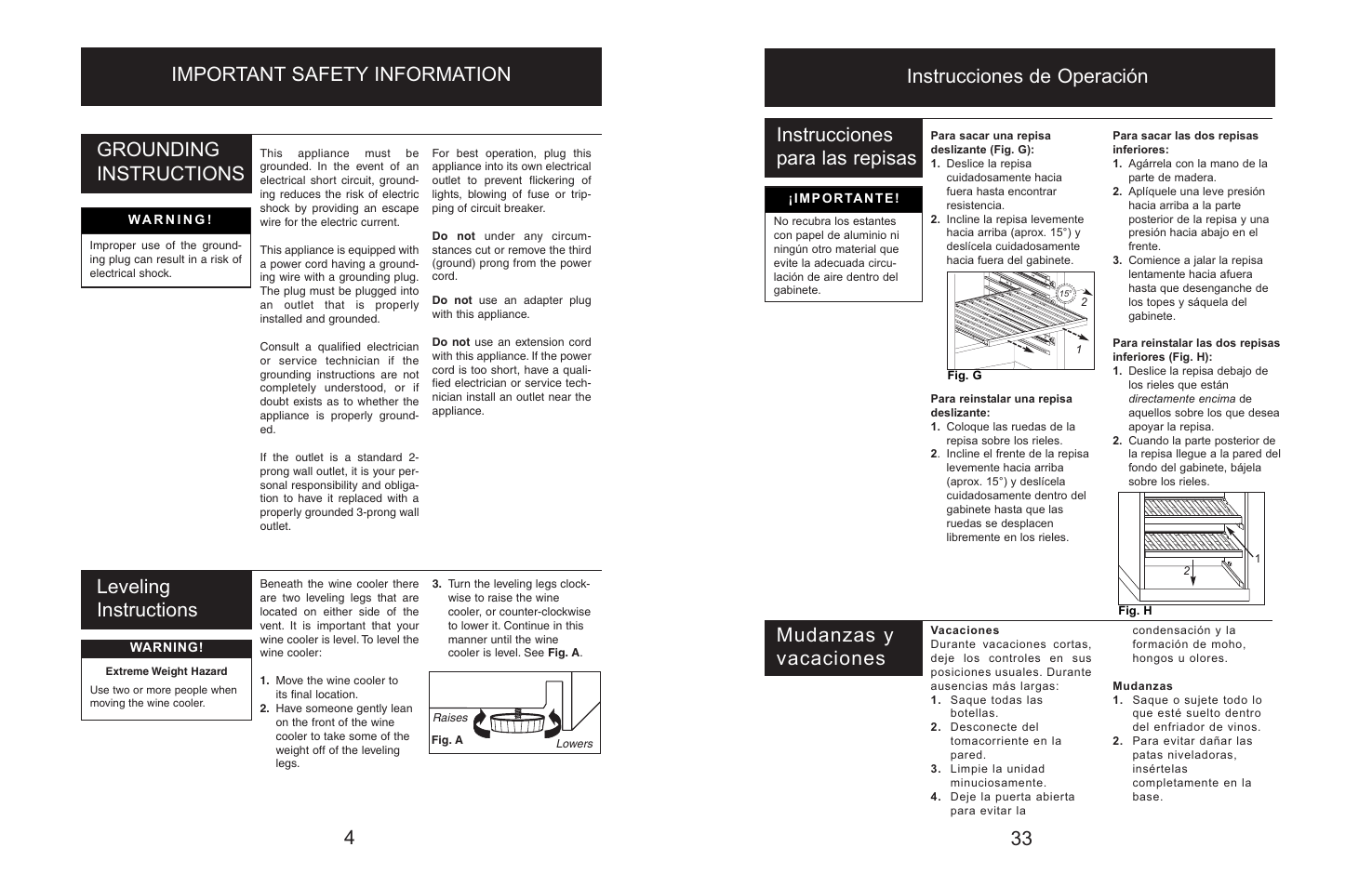 Leveling instructions, 33 instrucciones para las repisas, Instrucciones de operación | Mudanzas y vacaciones | Danby Silhouette DWC166BLSRH User Manual | Page 6 / 20
