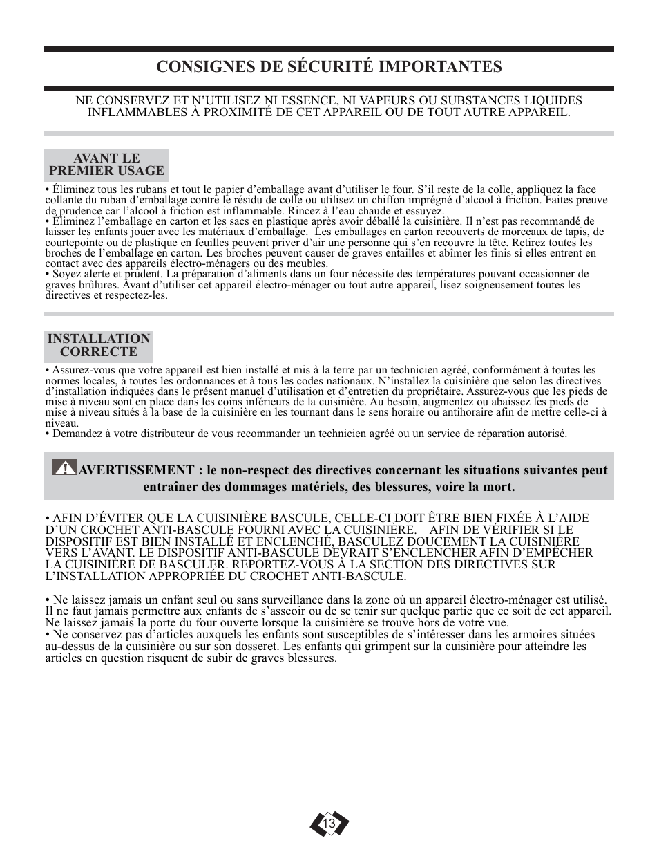 Consignes de sécurité importantes | Danby DER3099BL User Manual | Page 13 / 32