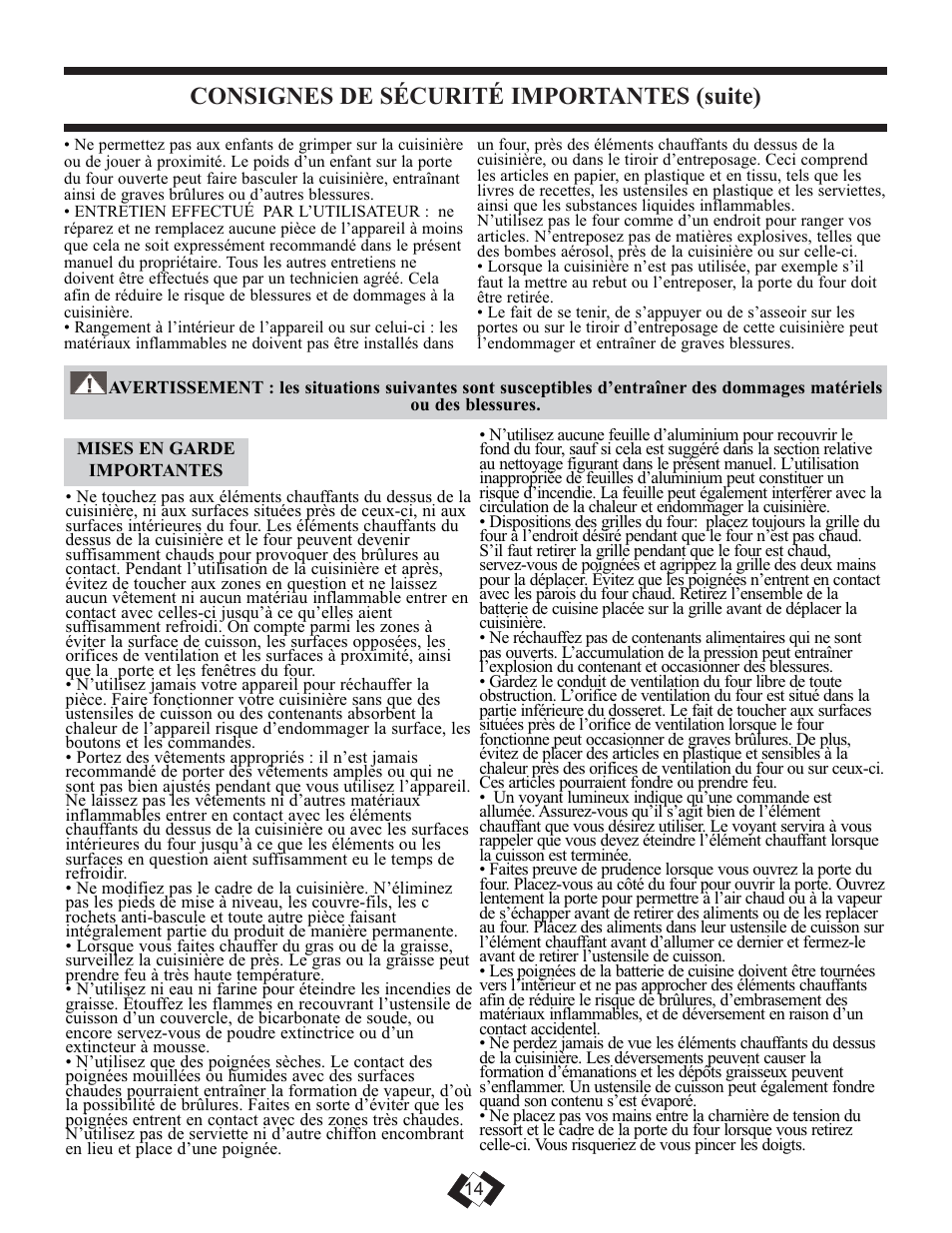 Consignes de sécurité importantes (suite) | Danby DER3099BL User Manual | Page 14 / 32