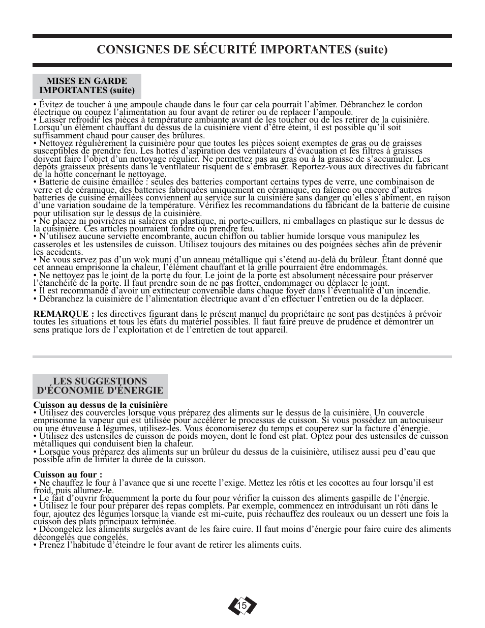 Consignes de sécurité importantes (suite) | Danby DER3099BL User Manual | Page 15 / 32