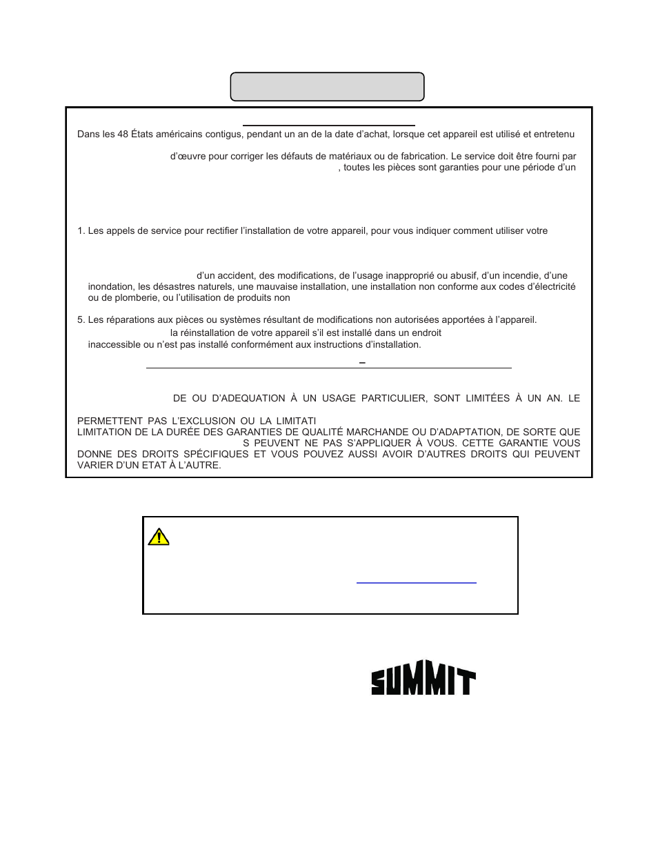 Garantie limitée | Summit 24 Inch Electric Cooktop User & Care Manual User Manual | Page 28 / 28