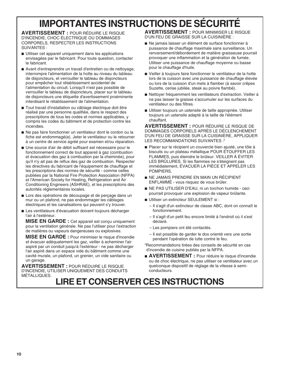Importantes instructions de sécurité, Lire et conserver ces instructions | JennAir Lustre Stainless Series 36 Inch Induction Cooktop Installation Instructions User Manual | Page 10 / 16