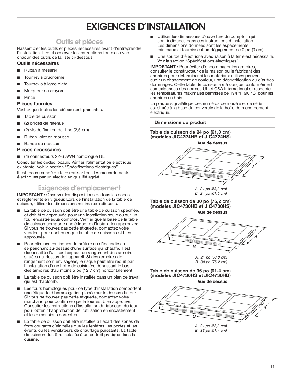 Exigences d’installation, Outils et pièces, Exigences d’emplacement | Outils et pièces exigences d’emplacement | JennAir Lustre Stainless Series 36 Inch Induction Cooktop Installation Instructions User Manual | Page 11 / 16