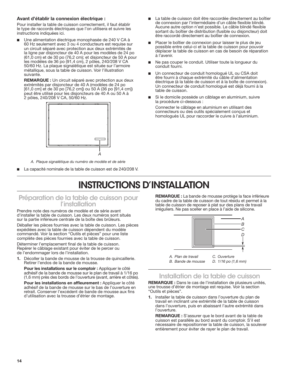 Instructions d’installation, Installation de la table de cuisson | JennAir Lustre Stainless Series 36 Inch Induction Cooktop Installation Instructions User Manual | Page 14 / 16