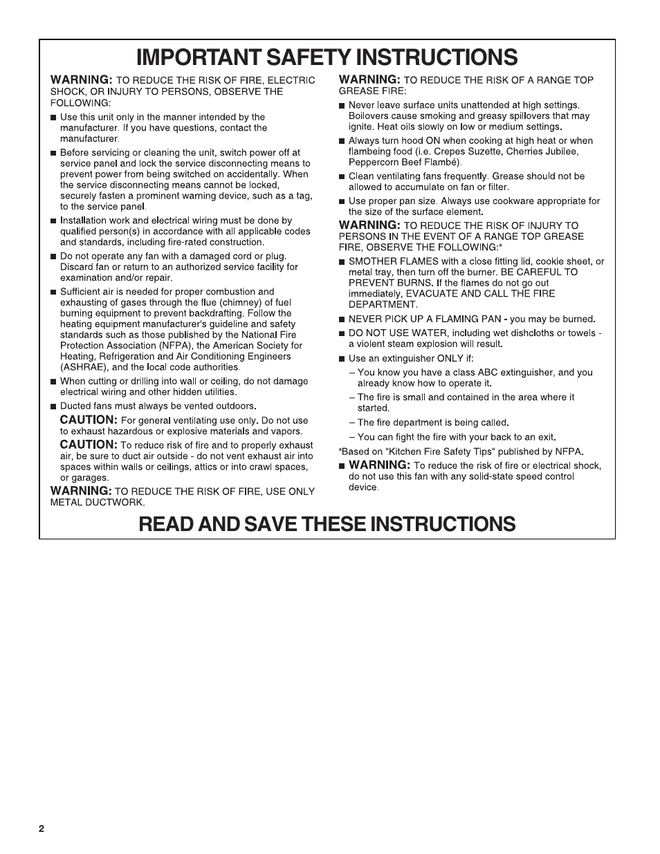 Important safety instructions, Read and save these instructions | JennAir Lustre Stainless Series 36 Inch Induction Cooktop Installation Instructions User Manual | Page 2 / 16