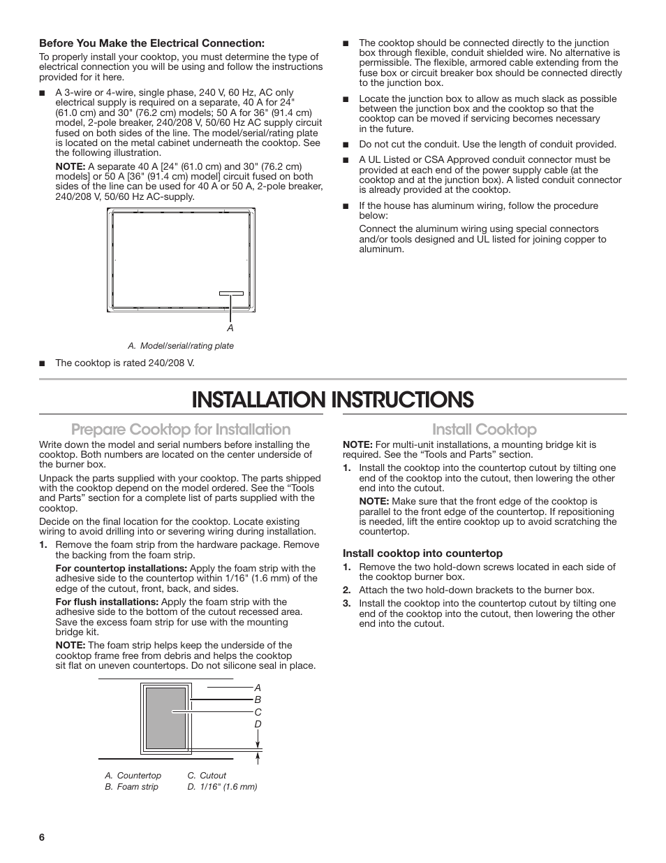 Installation instructions, Prepare cooktop for installation, Install cooktop | Prepare cooktop for installation install cooktop | JennAir Lustre Stainless Series 36 Inch Induction Cooktop Installation Instructions User Manual | Page 6 / 16
