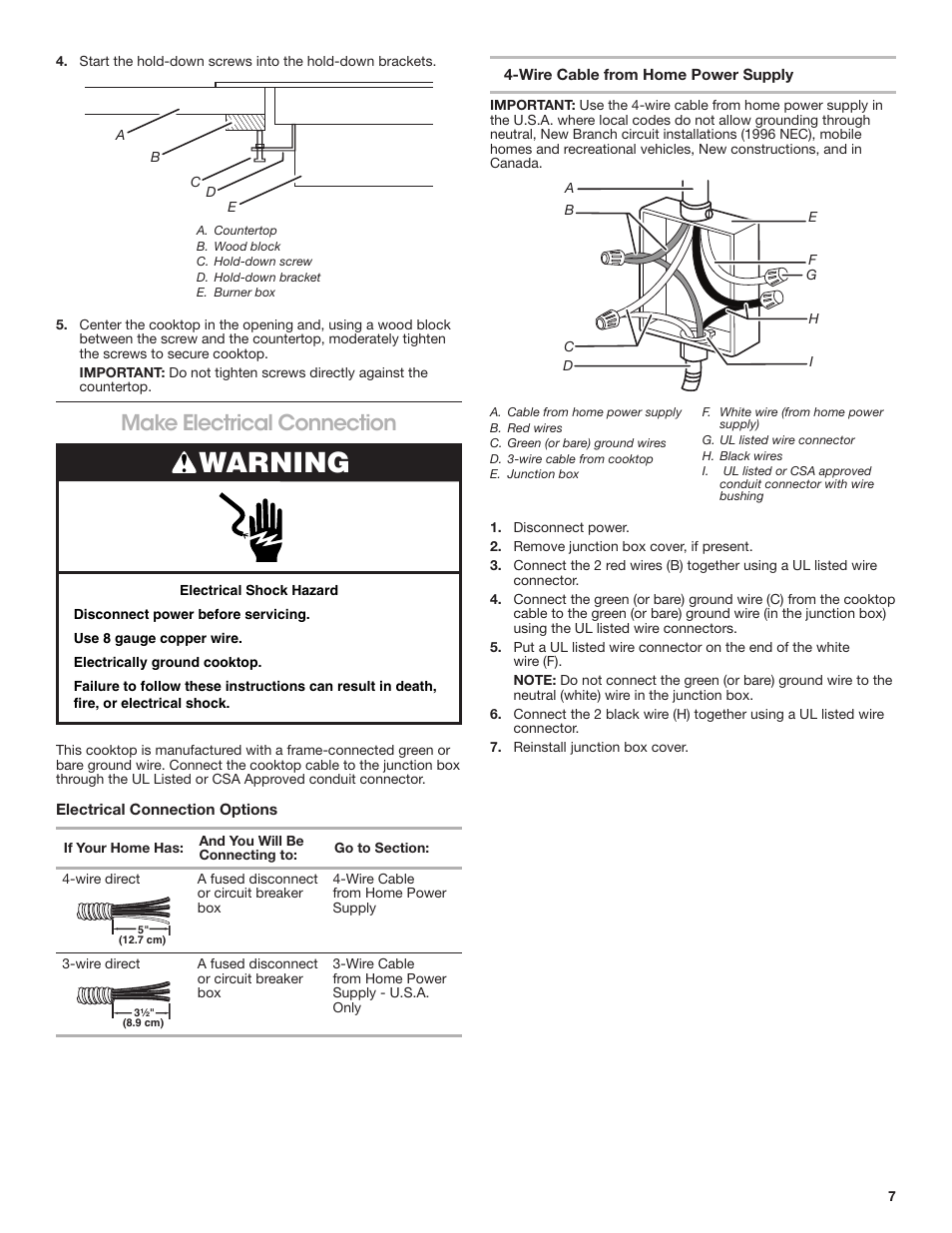 Make electrical connection, Warning | JennAir Lustre Stainless Series 36 Inch Induction Cooktop Installation Instructions User Manual | Page 7 / 16