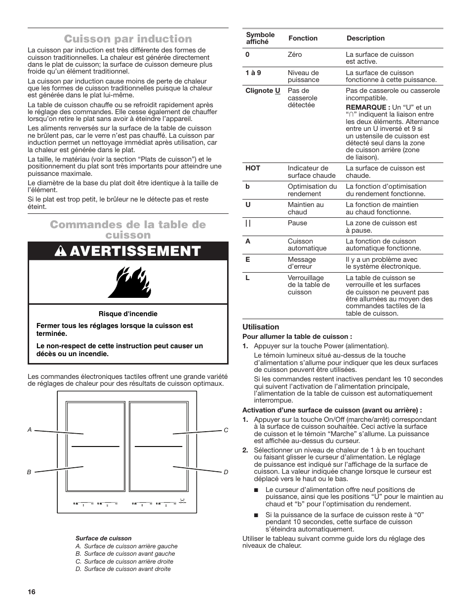 Avertissement, Cuisson par induction, Commandes de la table de cuisson | JennAir Lustre Stainless Series 36 Inch Induction Cooktop Use and Care Guide User Manual | Page 16 / 24