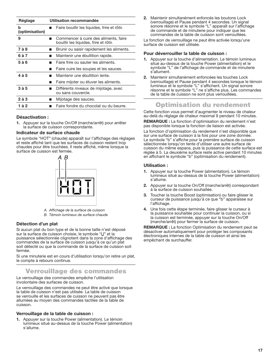Verrouillage des commandes, Optimisation du rendement | JennAir Lustre Stainless Series 36 Inch Induction Cooktop Use and Care Guide User Manual | Page 17 / 24