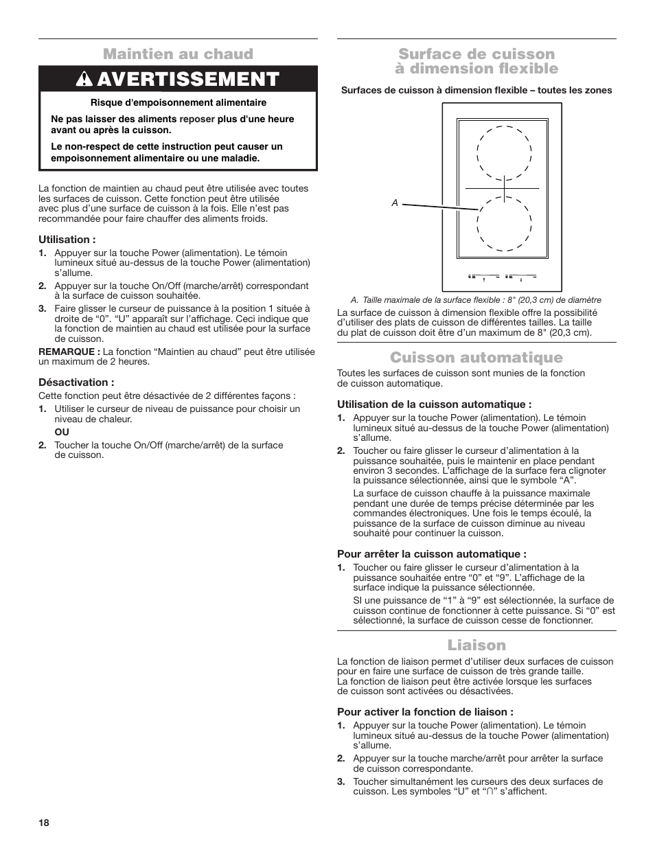 Avertissement, Maintien au chaud, Surface de cuisson à dimension flexible | Cuisson automatique, Liaison | JennAir Lustre Stainless Series 36 Inch Induction Cooktop Use and Care Guide User Manual | Page 18 / 24