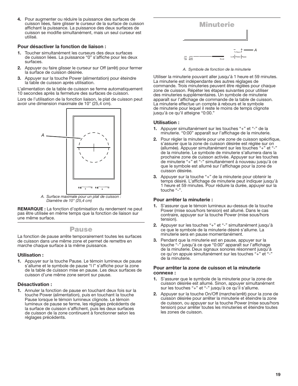 Pause minuterie, Pause, Minuterie | JennAir Lustre Stainless Series 36 Inch Induction Cooktop Use and Care Guide User Manual | Page 19 / 24