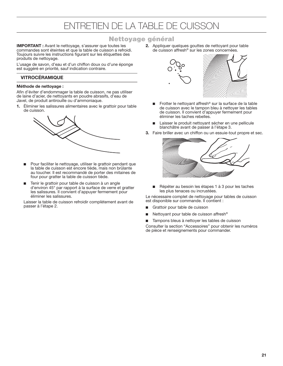 Entretien de la table de cuisson, Nettoyage général | JennAir Lustre Stainless Series 36 Inch Induction Cooktop Use and Care Guide User Manual | Page 21 / 24