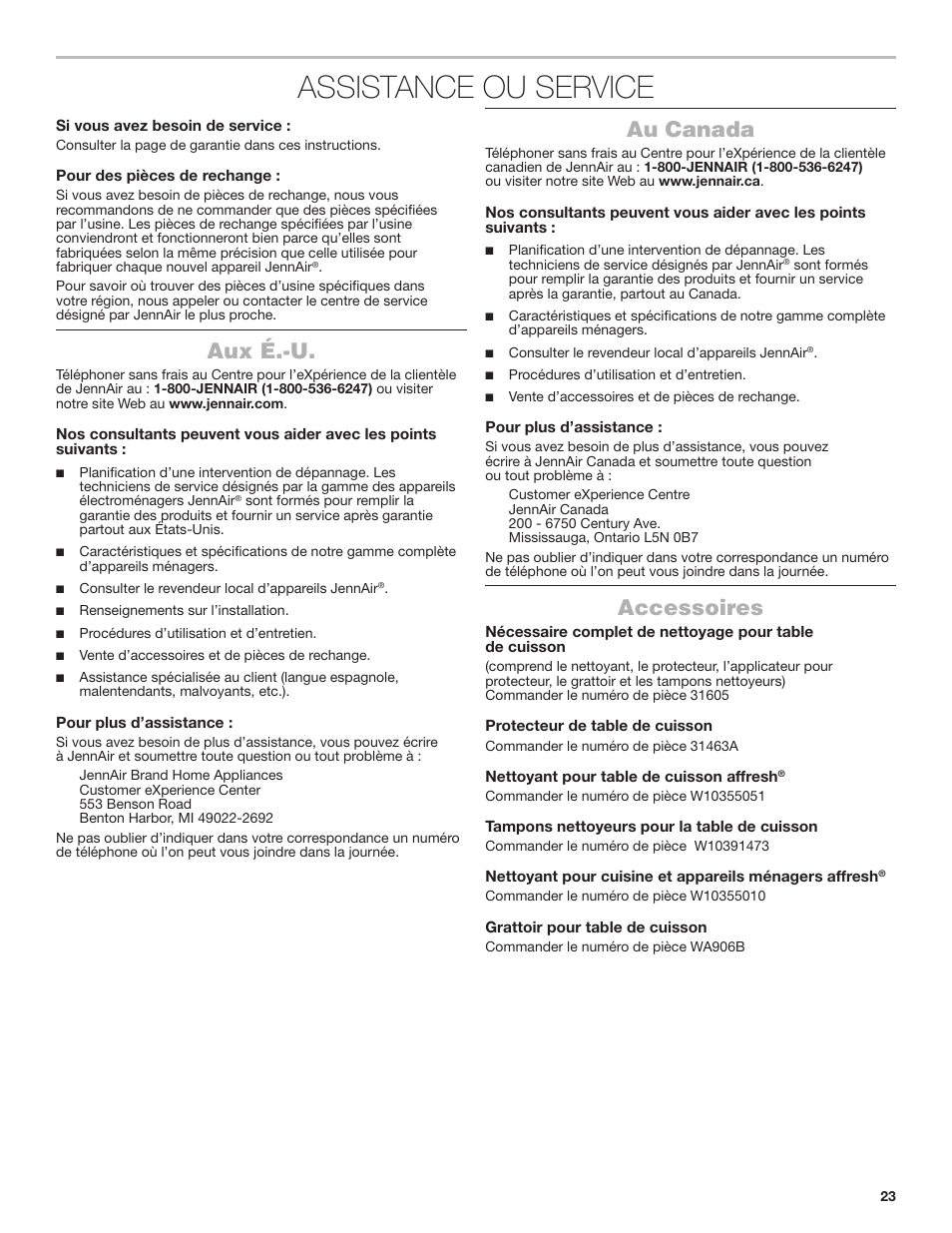 Assistance ou service, Aux é.-u au canada accessoires, Aux é.-u | Au canada, Accessoires | JennAir Lustre Stainless Series 36 Inch Induction Cooktop Use and Care Guide User Manual | Page 23 / 24
