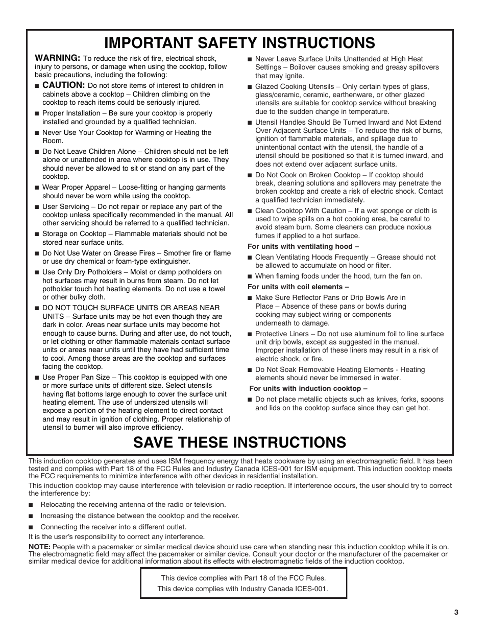 Warning, Caution | JennAir Lustre Stainless Series 36 Inch Induction Cooktop Use and Care Guide User Manual | Page 3 / 24