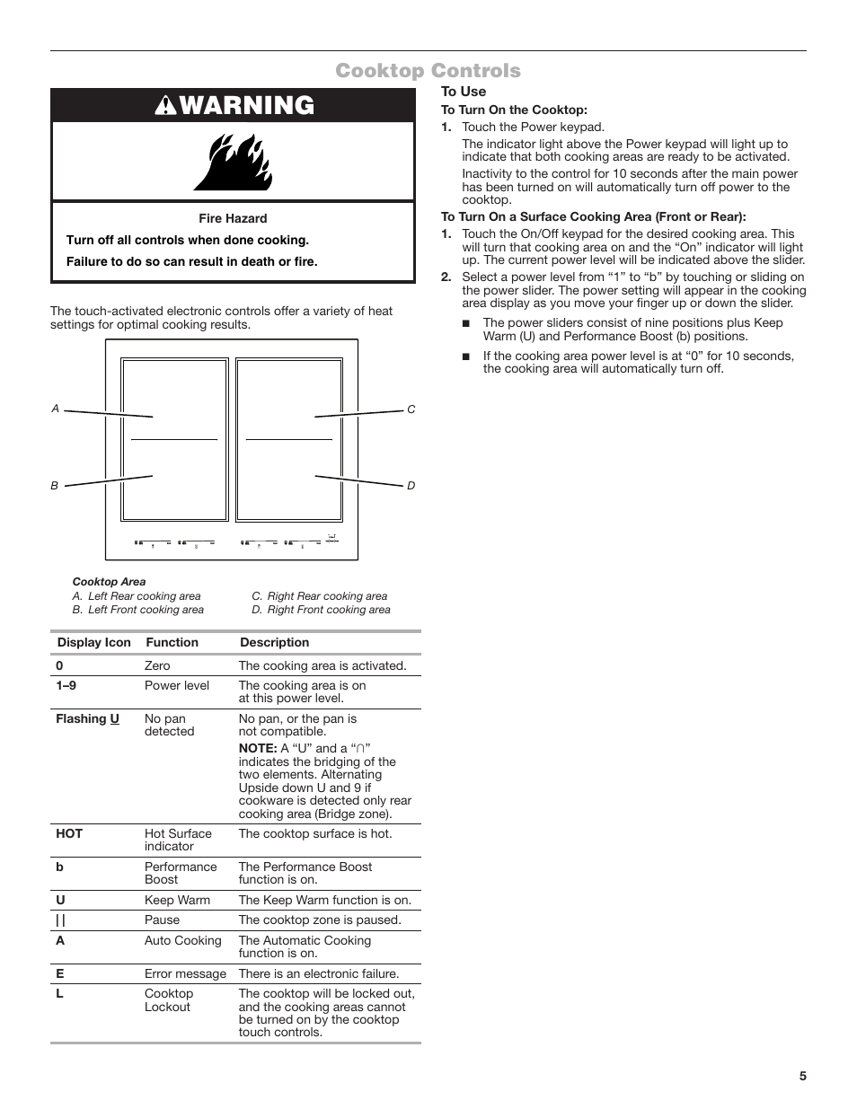 Cooktop controls, Warning | JennAir Lustre Stainless Series 36 Inch Induction Cooktop Use and Care Guide User Manual | Page 5 / 24