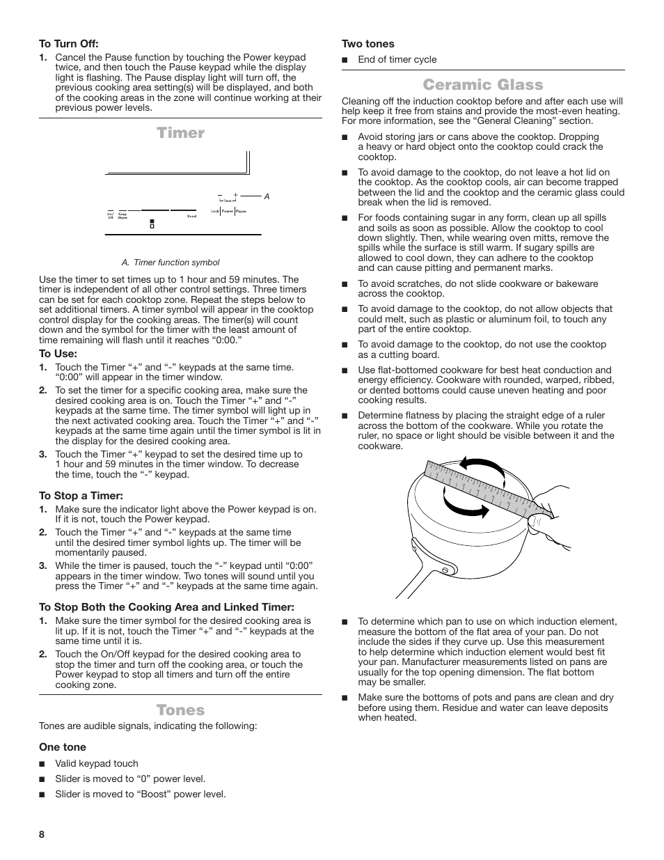 Timer tones ceramic glass, Timer, Tones | Ceramic glass, One tone, Two tones | JennAir Lustre Stainless Series 36 Inch Induction Cooktop Use and Care Guide User Manual | Page 8 / 24