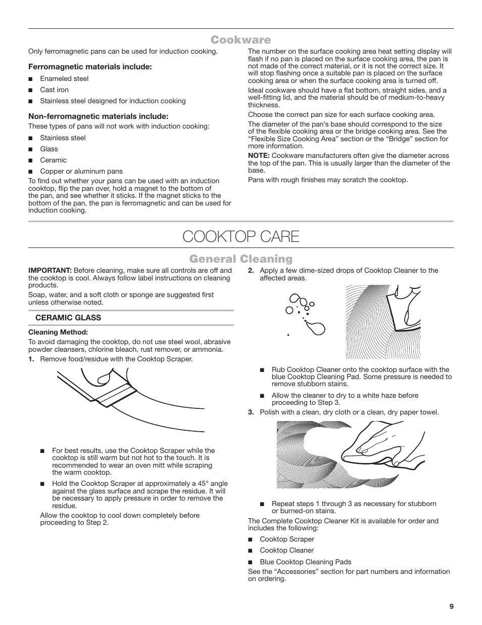 Cookware, Cooktop care, General cleaning | JennAir Lustre Stainless Series 36 Inch Induction Cooktop Use and Care Guide User Manual | Page 9 / 24