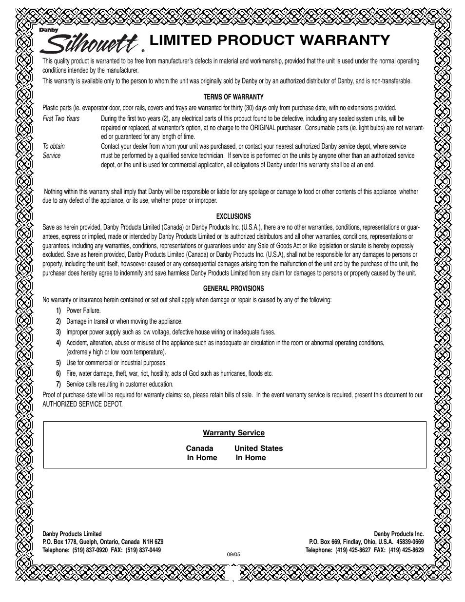 Limited product warranty | Danby DBC2760BLS User Manual | Page 12 / 35