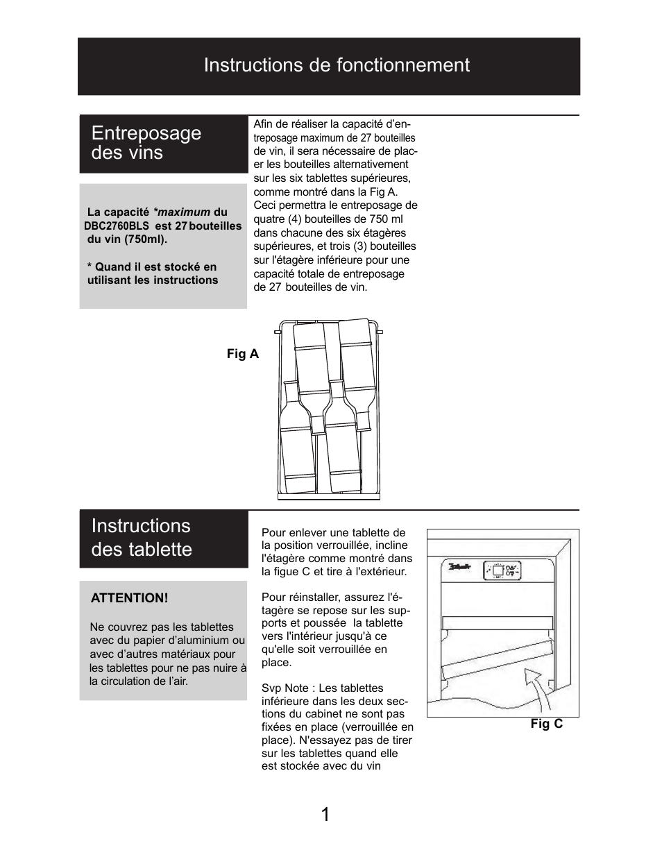 Instructions de fonctionnement 18, Entreposage des vins, Instructions des tablette | Danby DBC2760BLS User Manual | Page 19 / 35