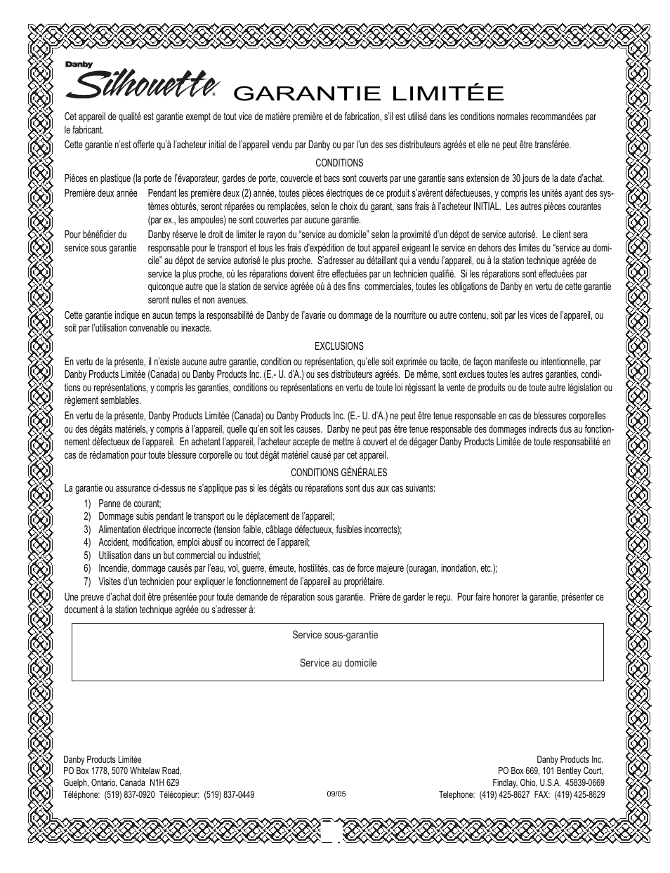Garantie limitée | Danby DBC2760BLS User Manual | Page 23 / 35