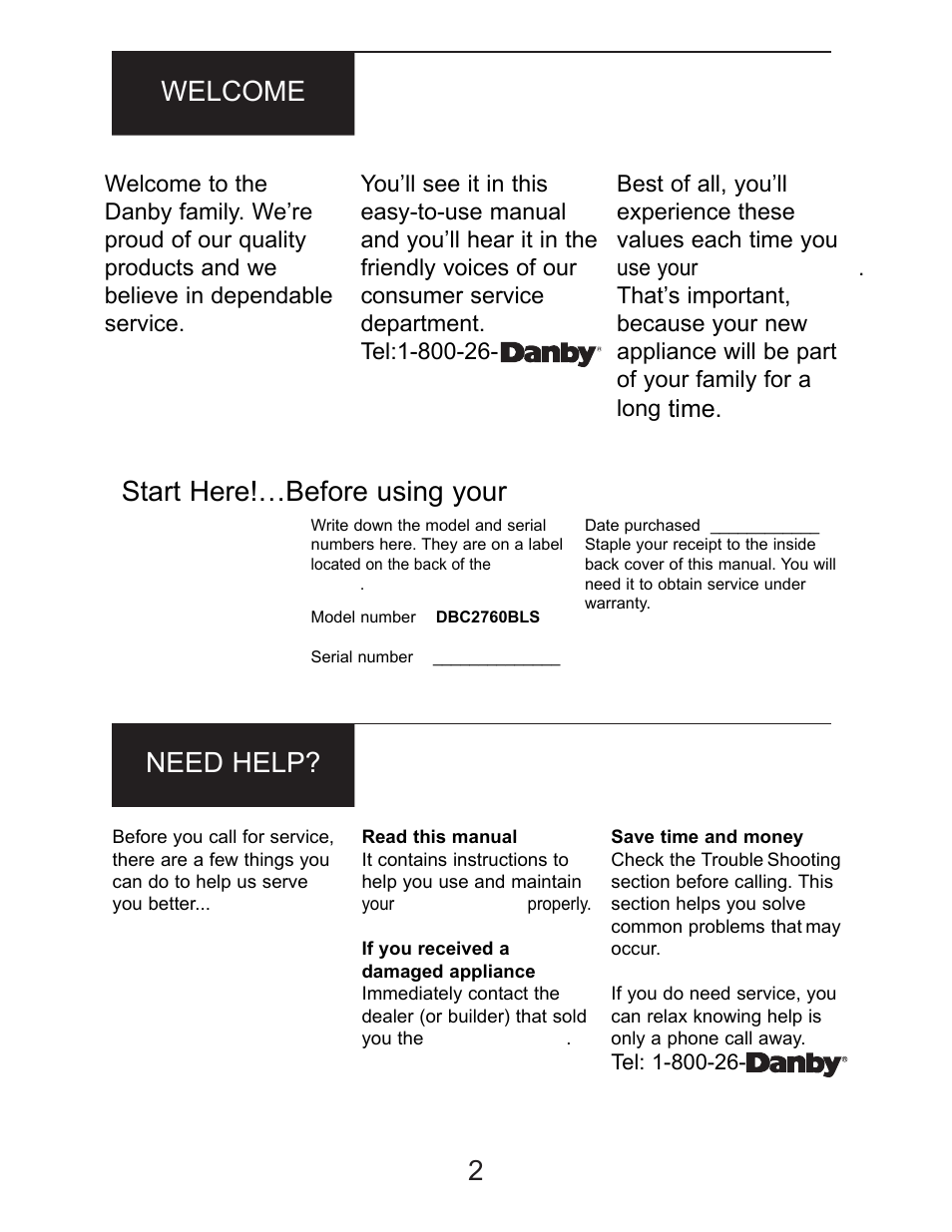 2welcome need help, Start here!…before using your beverage center, Time | Danby DBC2760BLS User Manual | Page 3 / 35