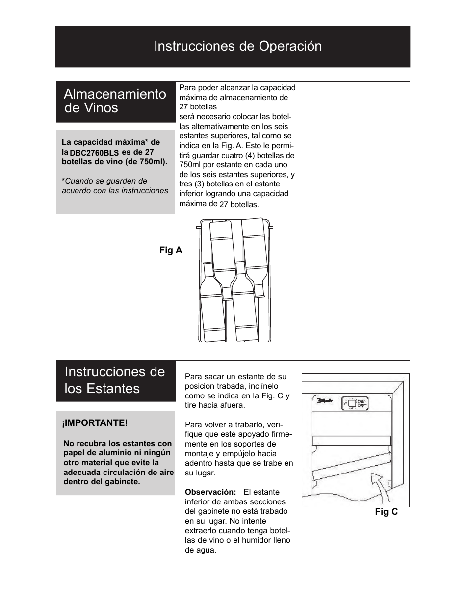 Instrucciones de operación 29, Almacenamiento de vinos, Instrucciones de los estantes | Danby DBC2760BLS User Manual | Page 30 / 35
