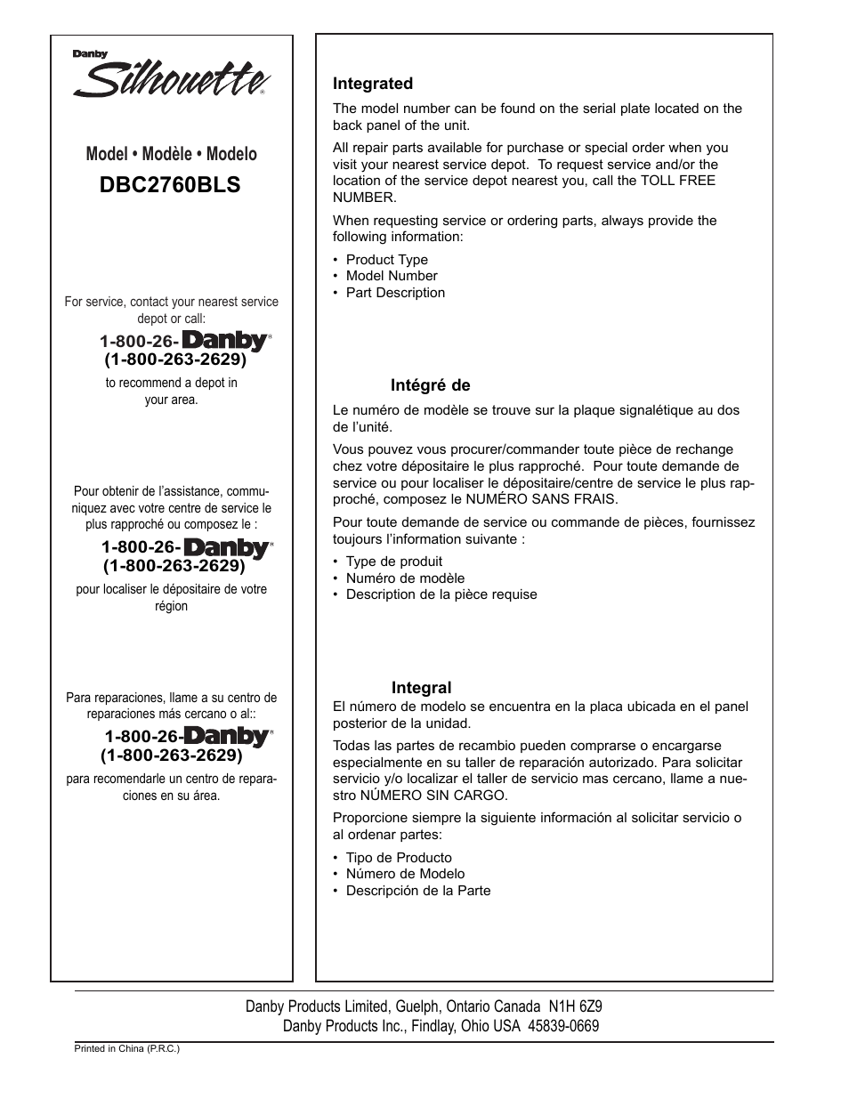 Dbc2760bls, Model • modèle • modelo | Danby DBC2760BLS User Manual | Page 35 / 35