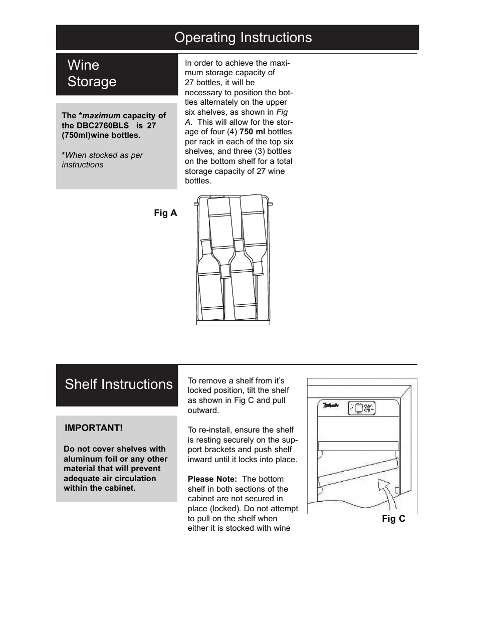 Operating instructions, Wine storage, Shelf instructions | Danby DBC2760BLS User Manual | Page 8 / 35