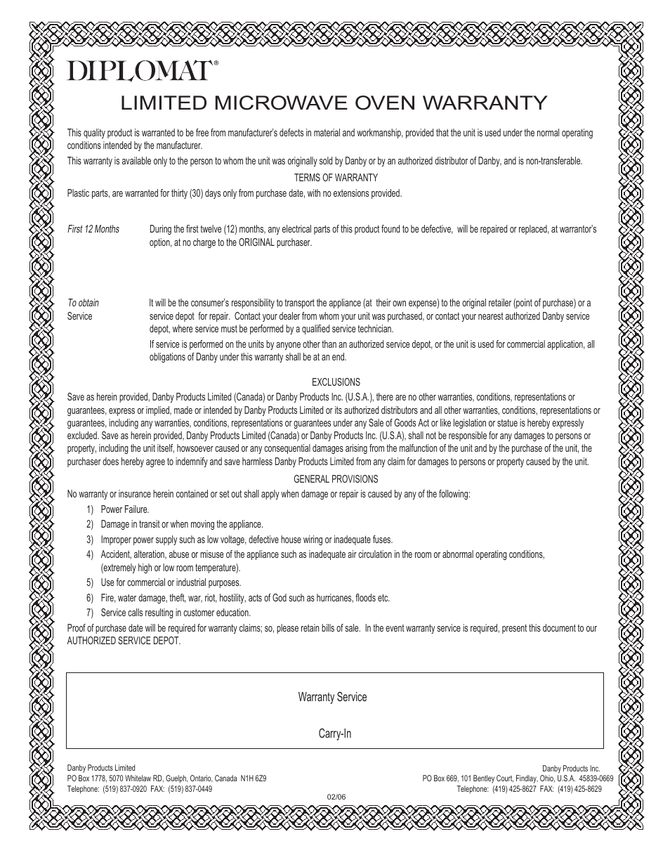Limited microwave oven warranty | Danby DMW1104BL User Manual | Page 19 / 52