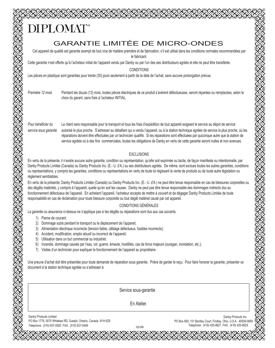 Garantie limitée de micro-ondes | Danby DMW1104BL User Manual | Page 35 / 52