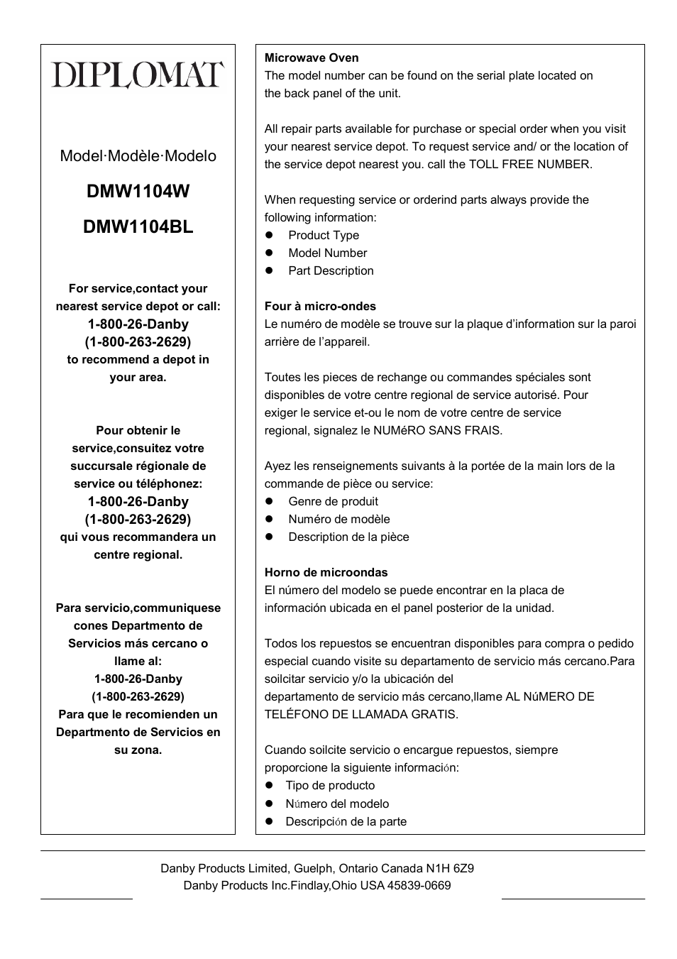 Danby DMW1104BL User Manual | Page 52 / 52