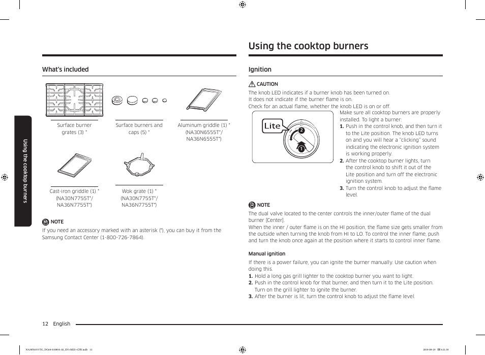 What’s included, Using the cooktop burners, Ignition | Ignition 12 | Samsung 36 Inch Gas Smart Cooktop Owner's Manual User Manual | Page 12 / 96