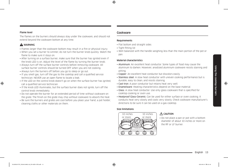 Cookware, Cookware 13 | Samsung 36 Inch Gas Smart Cooktop Owner's Manual User Manual | Page 13 / 96