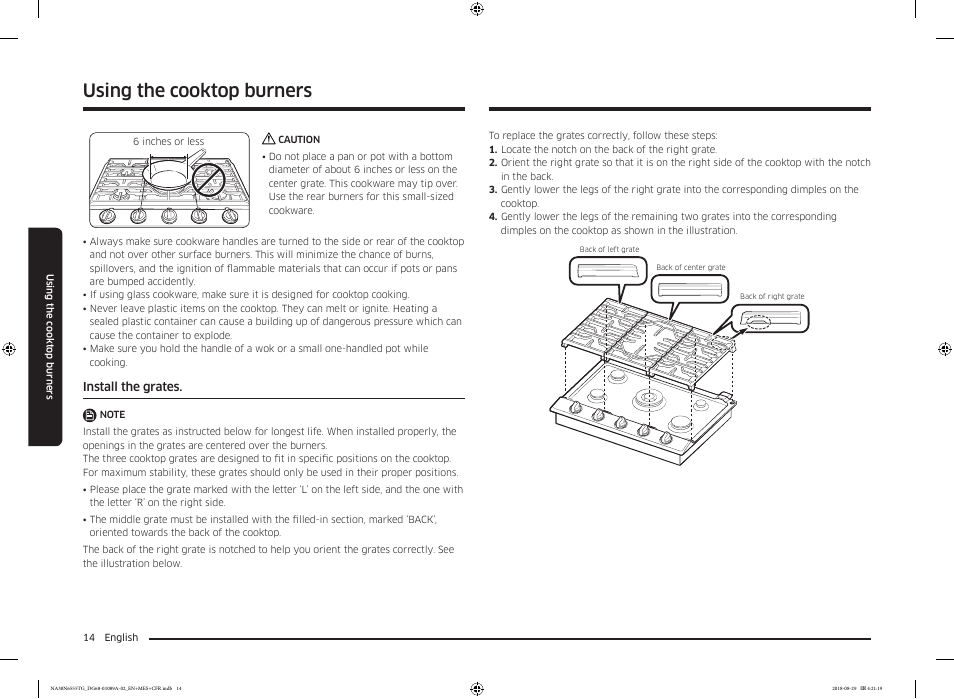 Install the grates, Using the cooktop burners | Samsung 36 Inch Gas Smart Cooktop Owner's Manual User Manual | Page 14 / 96