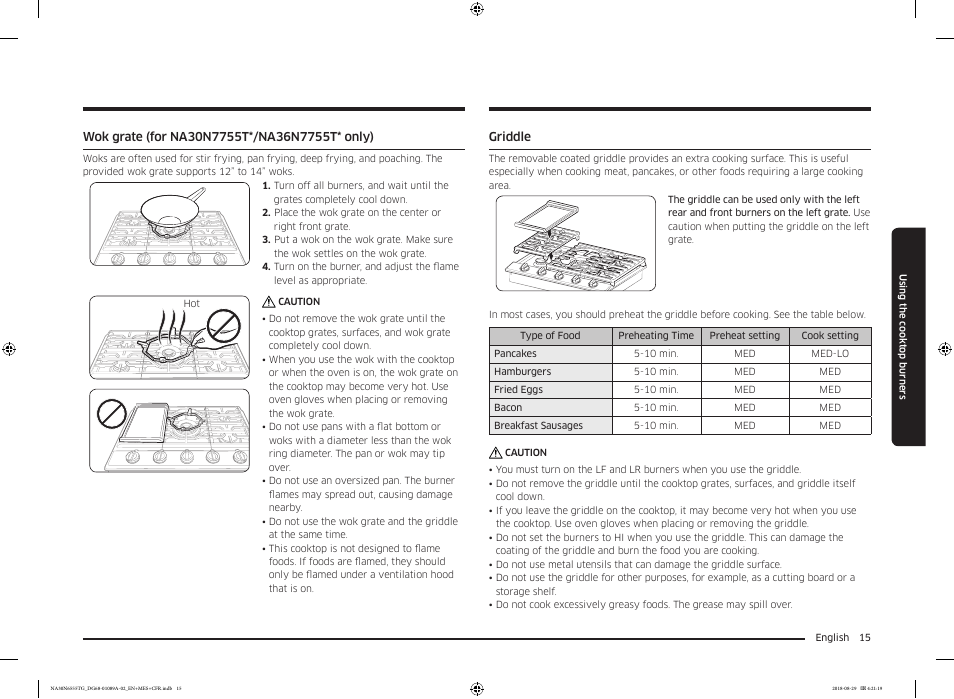 Wok grate (for na30n7755t*/na36n7755t* only), Griddle, Griddle 15 | Samsung 36 Inch Gas Smart Cooktop Owner's Manual User Manual | Page 15 / 96