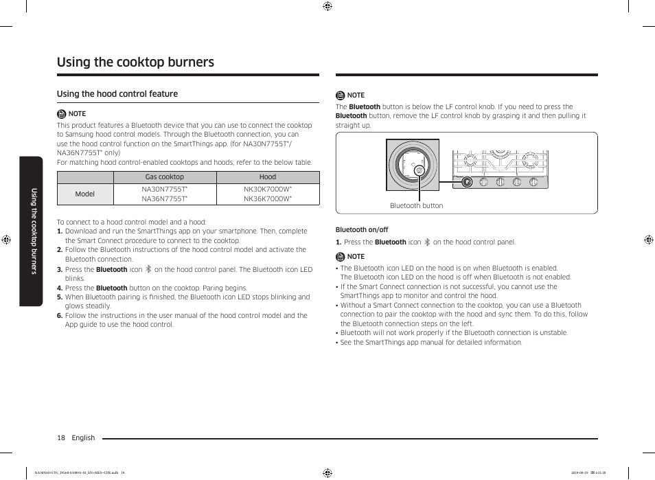 Using the hood control feature, Using the cooktop burners | Samsung 36 Inch Gas Smart Cooktop Owner's Manual User Manual | Page 18 / 96