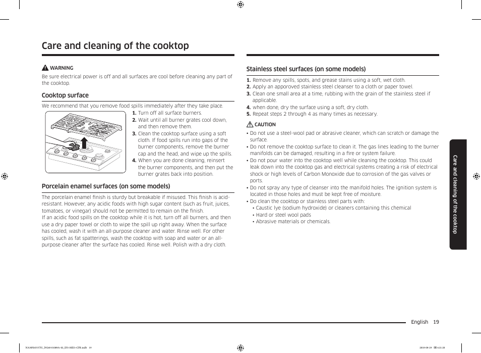 Care and cleaning of the cooktop, Cooktop surface, Porcelain enamel surfaces (on some models) | Stainless steel surfaces (on some models) | Samsung 36 Inch Gas Smart Cooktop Owner's Manual User Manual | Page 19 / 96