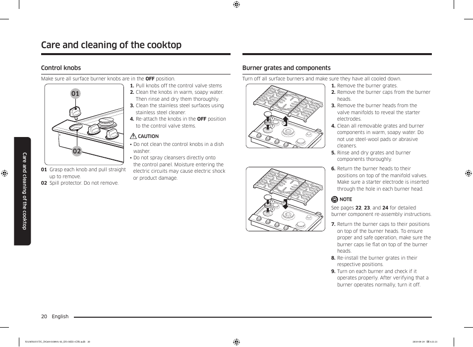 Control knobs, Burner grates and components, Care and cleaning of the cooktop | Samsung 36 Inch Gas Smart Cooktop Owner's Manual User Manual | Page 20 / 96
