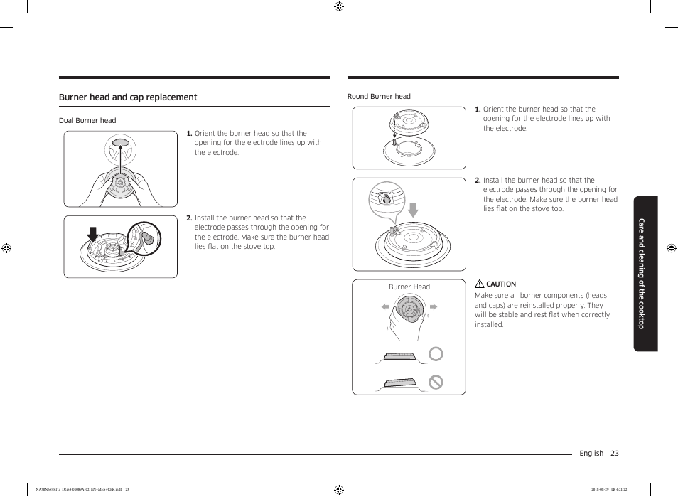 Burner head and cap replacement | Samsung 36 Inch Gas Smart Cooktop Owner's Manual User Manual | Page 23 / 96