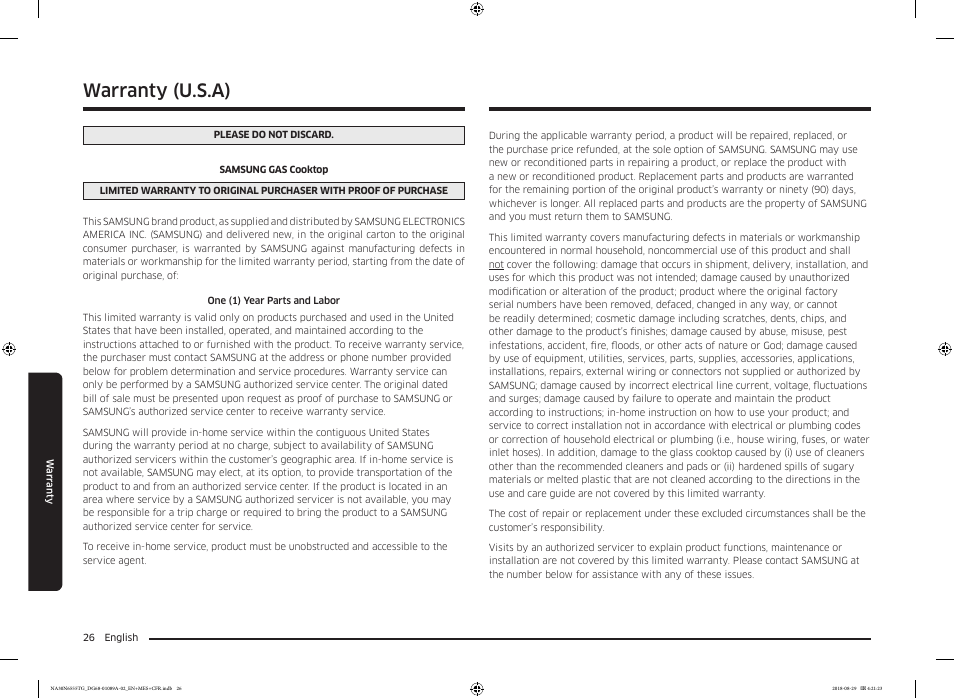 Warranty (u.s.a) | Samsung 36 Inch Gas Smart Cooktop Owner's Manual User Manual | Page 26 / 96
